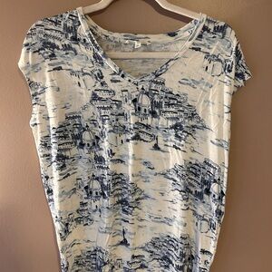 Workshop Blue White Scenic Print Tee Shirt Small